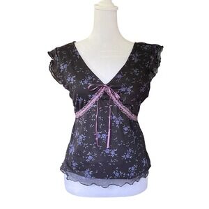 Floral Mesh Lace Black V-Neck Top XL Ribbon Ruffle Coquette Femme Grunge Baddie